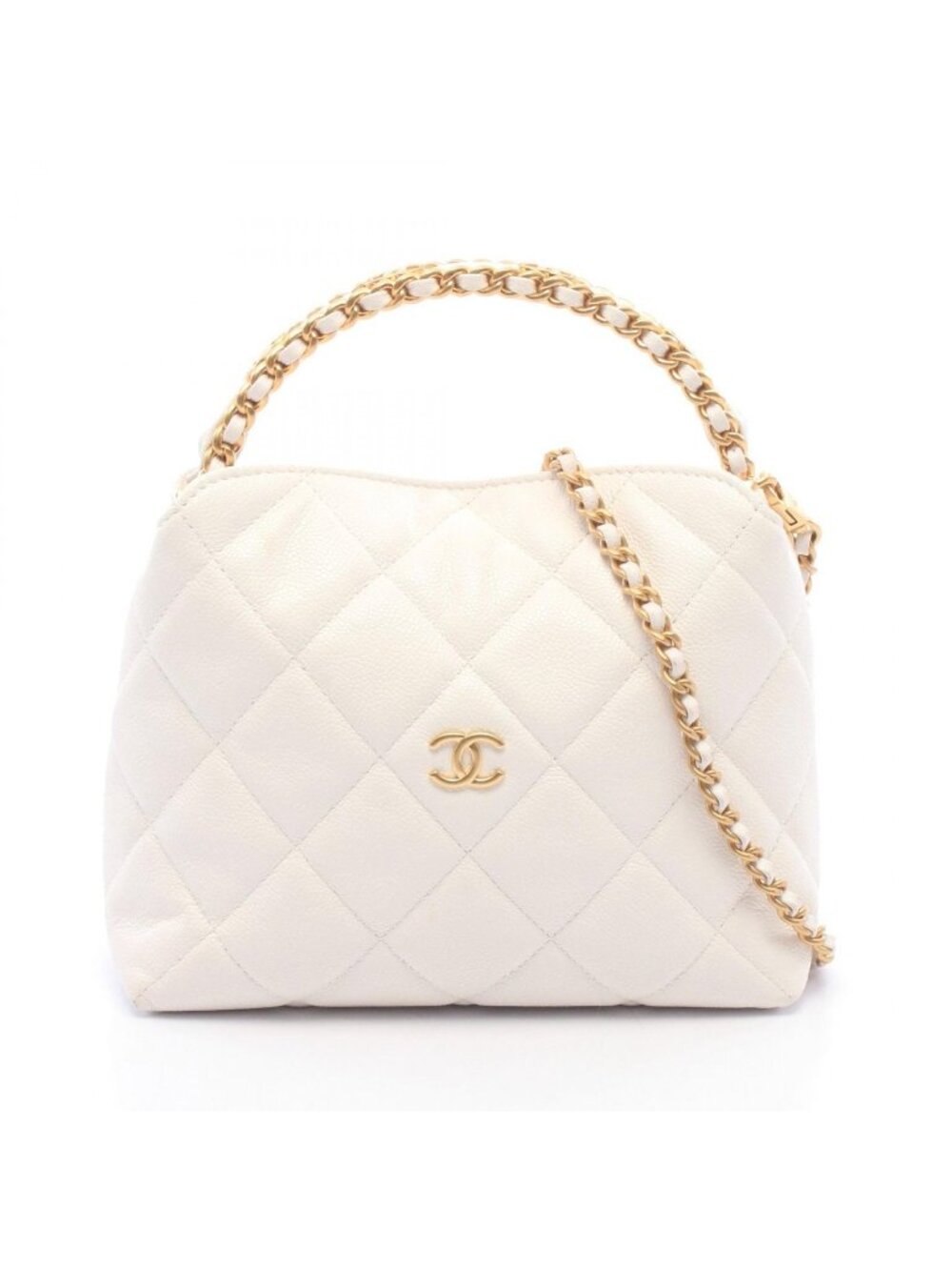 Chanel Handbag Quilted Small Hobo 2-Way White Caviar Leather Chain